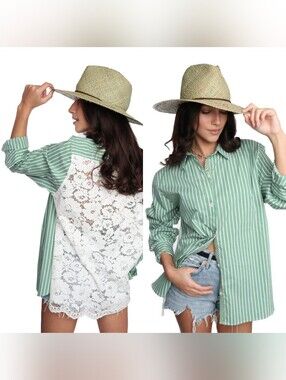 Romi Basha Selena Shirt Women's OS Green White Striped Lace Back Shirt Cover Up